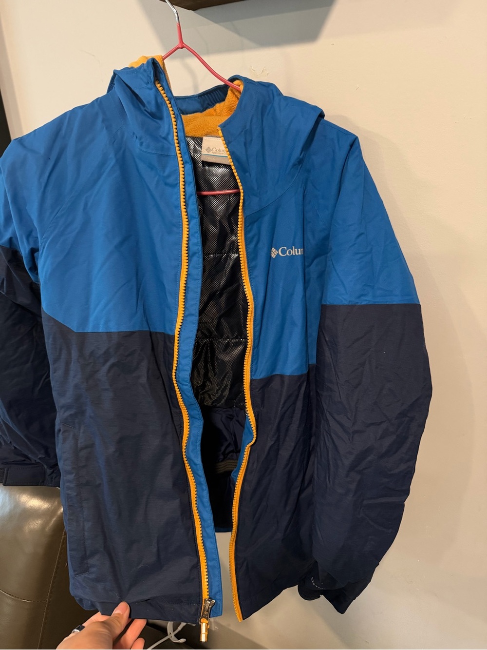 Columbia Kids Blue and Navy Colorblock Hooded Rain Jacket with Yellow Trim
